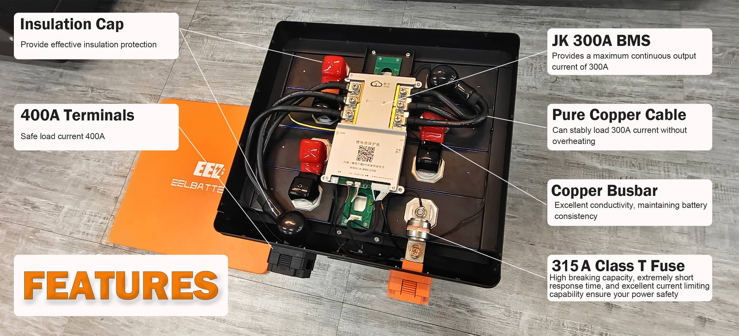 **EEL 12V 628Ah Battery Enclosure**  
Designed for use with EVE MB56 628Ah LiFePO4 prismatic cells, this robust enclosure integrates a **300A JK BMS** for advanced battery management and a **315A T-class fuse** for enhanced circuit protection. The system ensures secure operation and prolongs battery life, making it ideal for demanding energy storage applications.