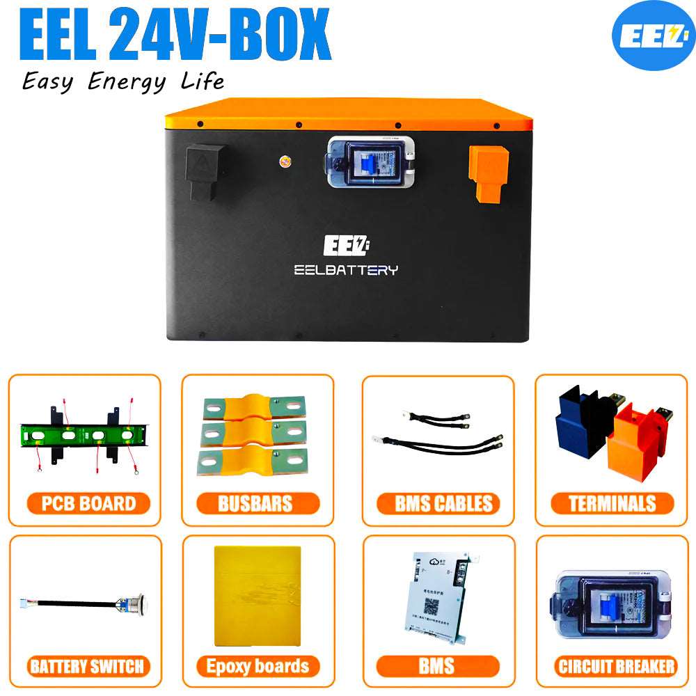 EEL 24V DIY battery case with JK 200A Active Balance BMS for Solar Power,Golf Cart,RV,EV,camping,canal narrowboat