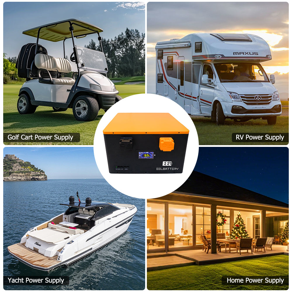 The EEL 12V MB56 628Ah 8kWh portable power bank can be widely used for powering RVs, golf carts, yachts, etc.