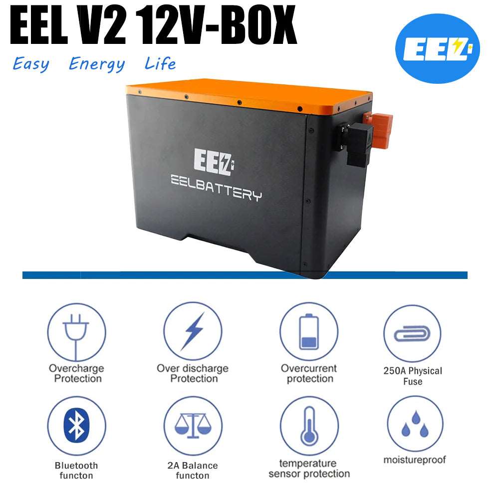 EEL 12V V2 DIY lifepo4 Battery Case with JK 200A Active Balance BMS,250A Fuse for Solar Power,Golf Cart,RV,EV，camping,Canal Narrowboat