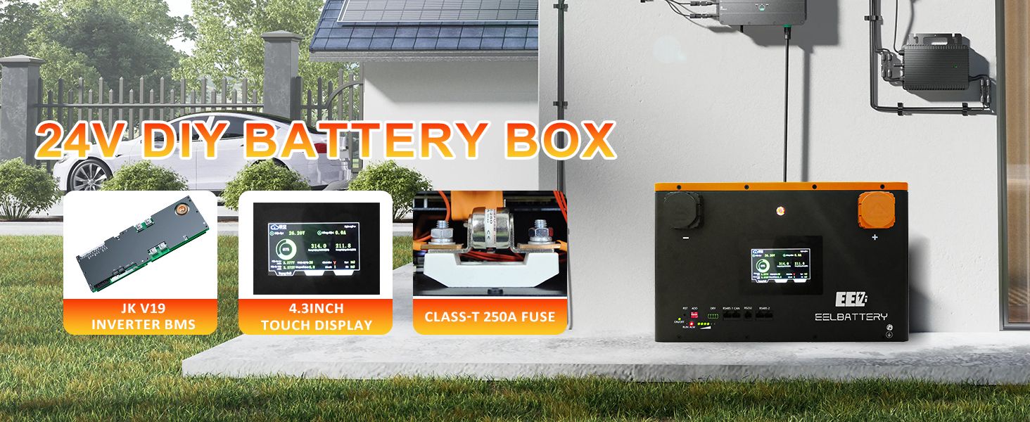 The EEL 24V JK V2 metal battery box, combined with 8 square lithium iron phosphate cells, can create a 24V high-performance mobile power supply that provides high-power stable discharge and supports communication with inverters.