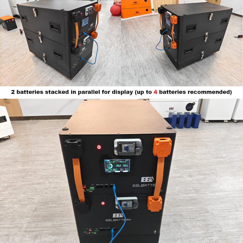 Assembled EEL 48V JK V6 batteries can be stacked together via top mounting holes.
A maximum of 4 units is recommended for stacking—exceeding this may pose safety risks.
You may also install our specially designed wheeled baseplate at the bottom for easy mobility of the battery pack.