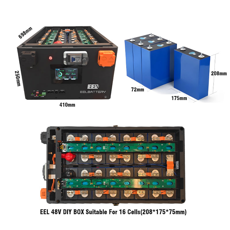 The EEL JK V6 battery enclosure requires 16 prismatic LiFePO4 cells for operation. It is compatible with 280Ah, 304Ah, 306Ah, and 314Ah cell models.