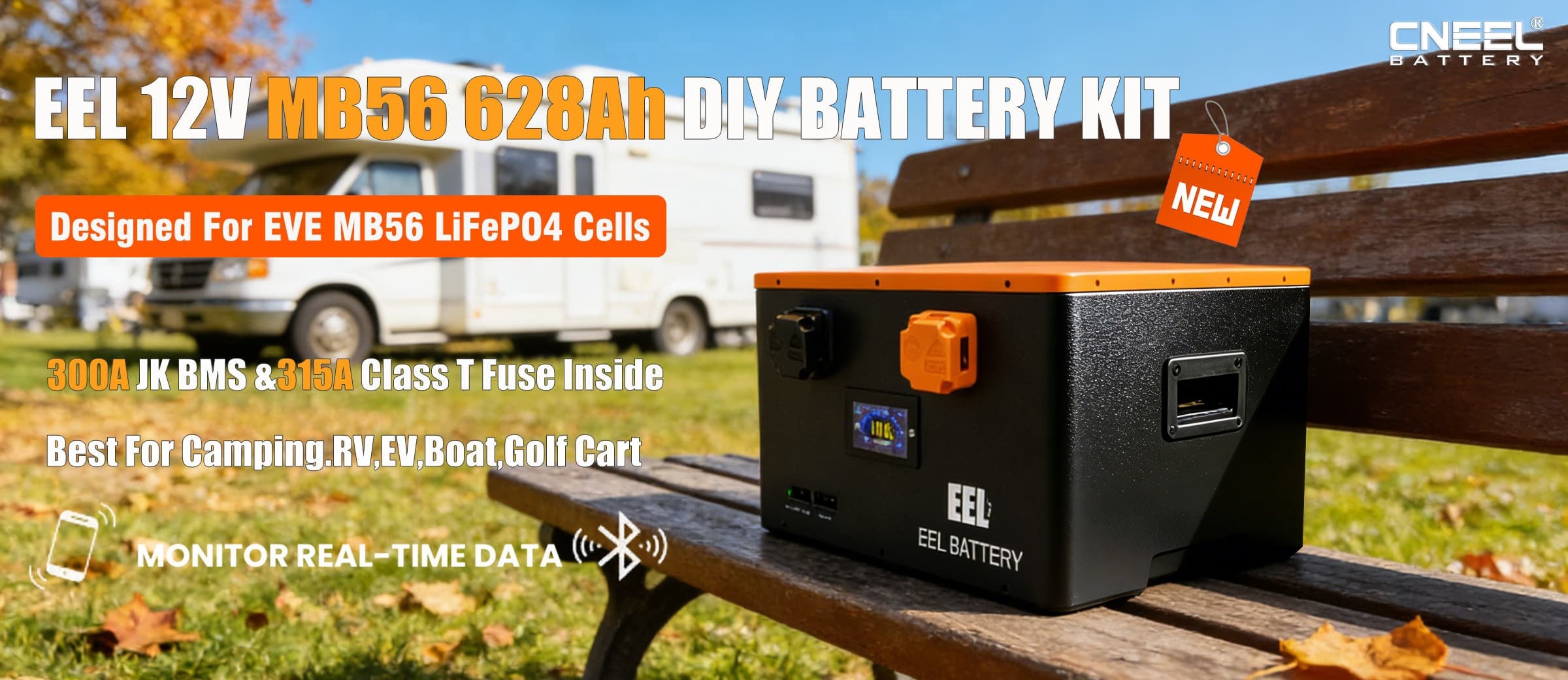 EEL 12V MB56 DIY Steel Battery Enclosure – Assemble with 4 EVE MB56 cells to build a long-lasting 628Ah mobile power supply capable of 300A continuous discharge. Ideal for powering RVs, golf carts, and providing emergency home backup power.
