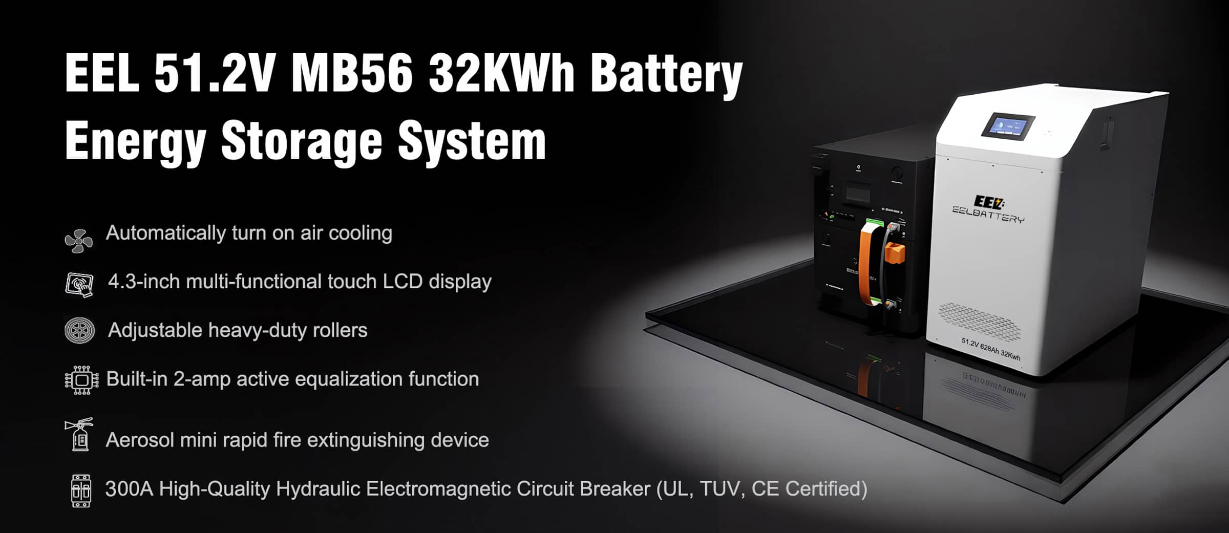 EEL 48V MB56 32kwh DIY Battery box is a customizable, high-capacity energy storage kit designed for residential solar or off‑grid use. Built around high‑density LiFePO₄ cells—typically EVE MB56 628Ah batteries—this kit enables DIY assembly of a robust 32 kWh LiFePO₄ (lithium iron phosphate) energy storage wall. It comes fully integrated with essential safety features including a BMS, circuit breaker, and fuse for reliable, worry‑free operation.