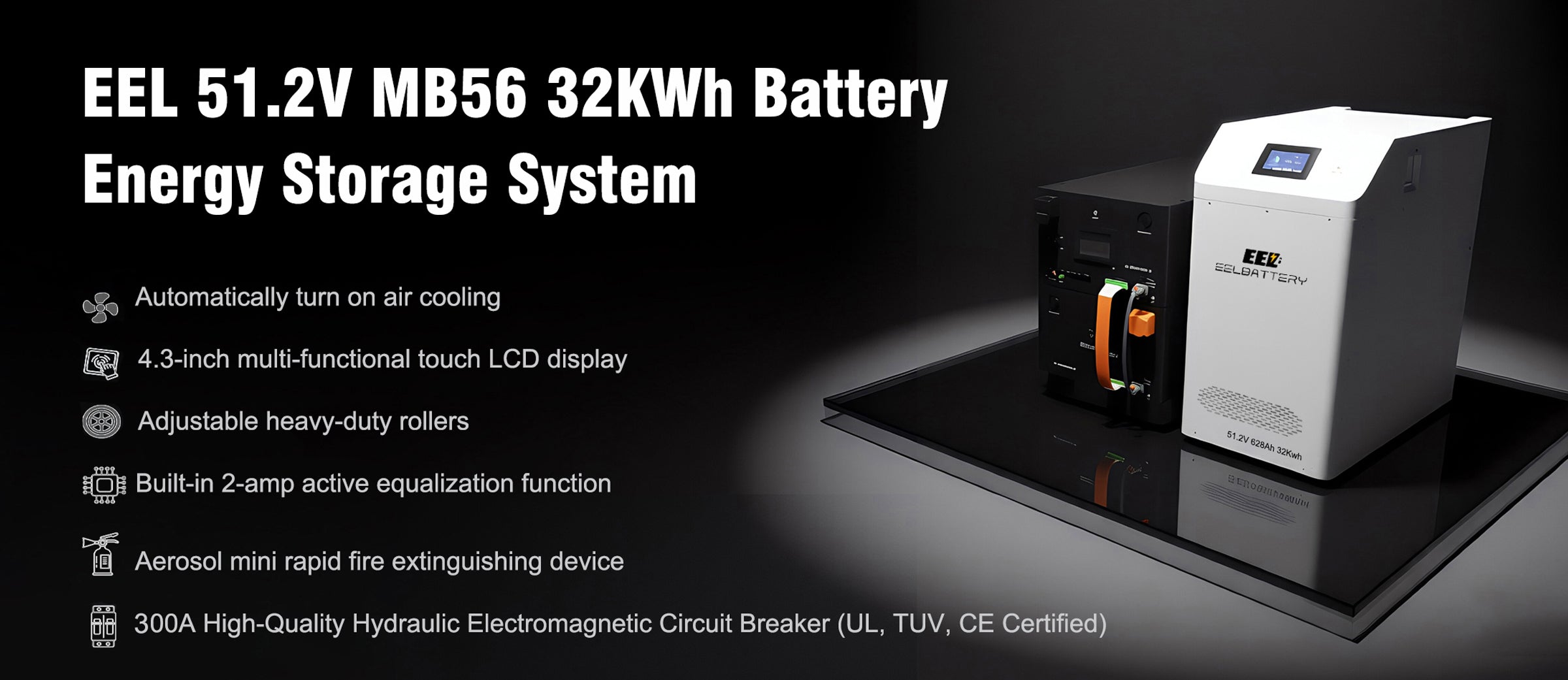 EEL 48V MB56 32kwh DIY Battery box is a customizable, high-capacity energy storage kit designed for residential solar or off‑grid use. Built around high‑density LiFePO₄ cells—typically EVE MB56 628Ah batteries—this kit enables DIY assembly of a robust 32 kWh LiFePO₄ (lithium iron phosphate) energy storage wall. It comes fully integrated with essential safety features including a BMS, circuit breaker, and fuse for reliable, worry‑free operation.