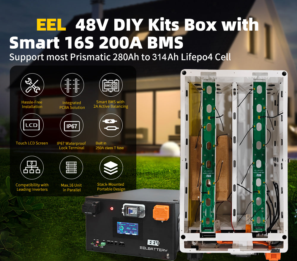 The EEL JK V6 battery box is equipped with the latest JK V19 BMS and comes with a 2A balancing function. It also features dual protection with a 250A DC circuit breaker and a 250A T-type fuse.
