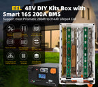 The EEL JK V6 battery box is equipped with the latest JK V19 BMS and comes with a 2A balancing function. It also features dual protection with a 250A DC circuit breaker and a 250A T-type fuse.