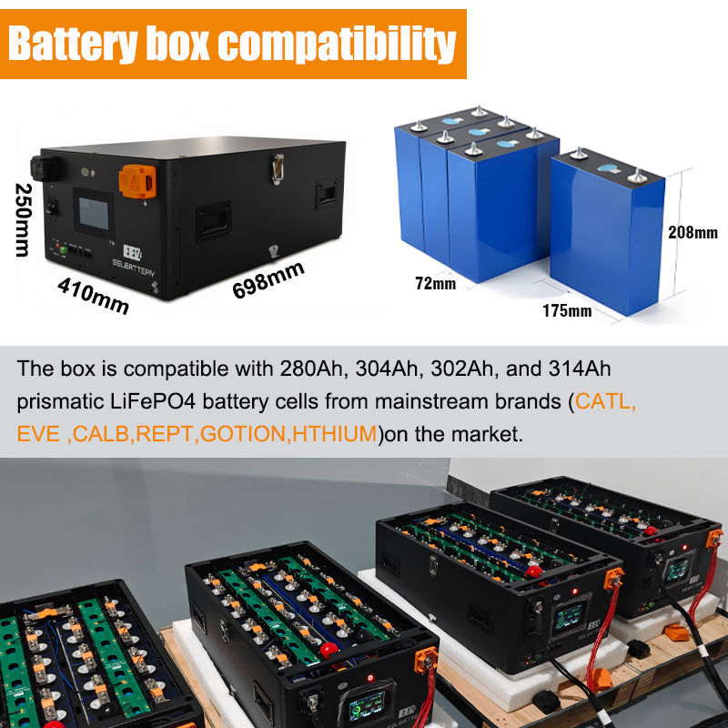The EEL JK V6 pro battery box is compatible with most mainstream square lithium iron phosphate cells on the market, including models such as 280Ah, 302Ah, 304Ah, and 314Ah.
