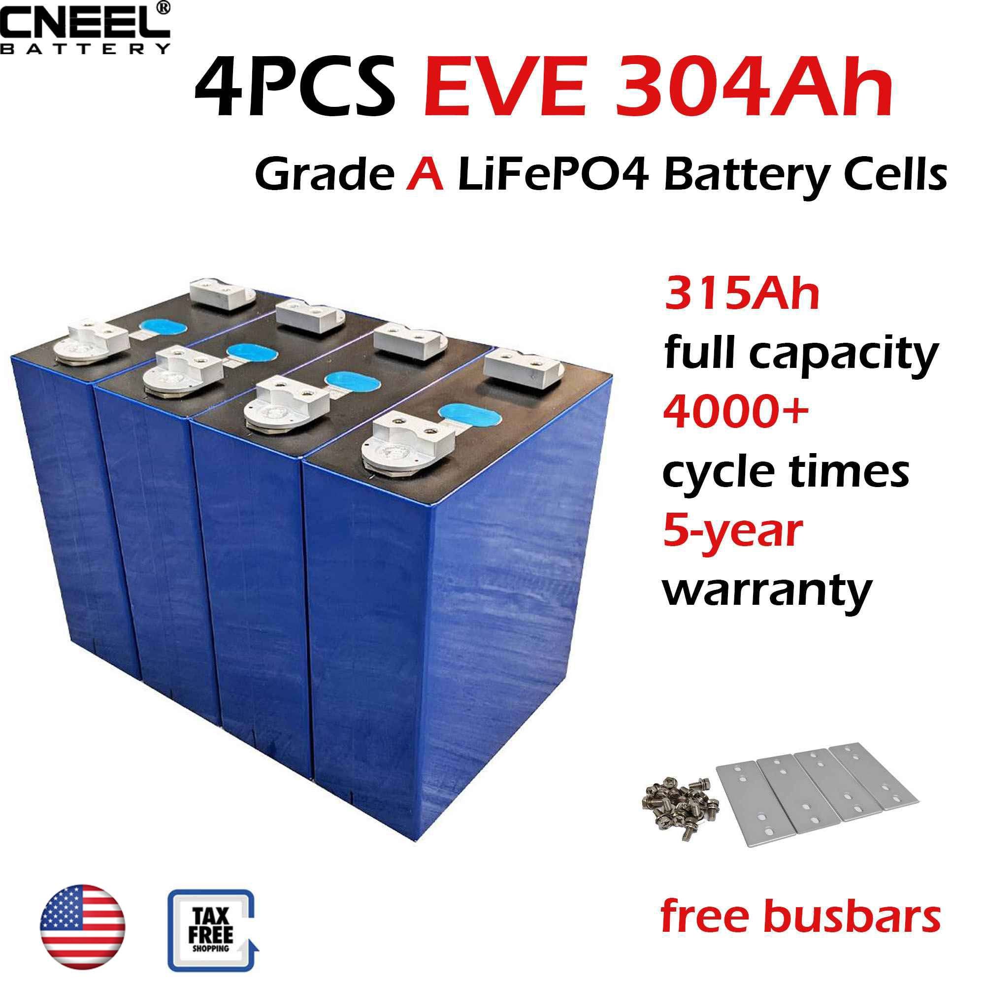 4PCS Grade A EVE 304Ah Rechargeable LiFePO4 battery cells,USA Stock