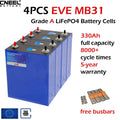 4-pack EVE MB31 330Ah 8000 cycle life square lithium iron phosphate battery cells, welded M6 studs, suitable for solar energy storage, available from CNEEL BATTERY European warehouse.