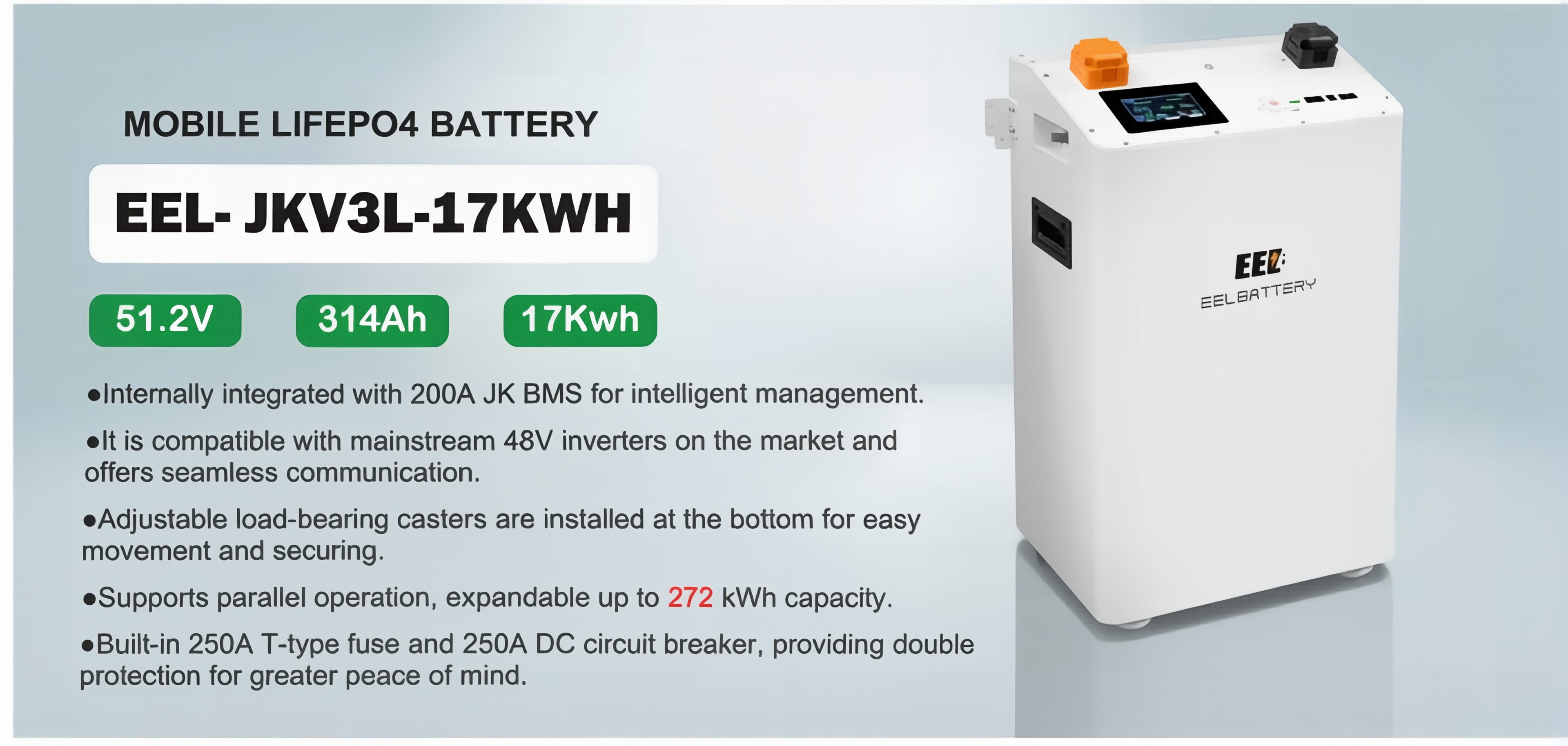 The EEL 17kWh JK vertical battery is portable and features a heating function that automatically activates at low temperatures. It can be connected in parallel to expand to a maximum capacity of 272kWh, has a cycle life of up to 8000 cycles, and is equipped with a 250A DC circuit breaker, a 250A T-fuse, and a fire extinguisher for protection, making it suitable for home energy storage.