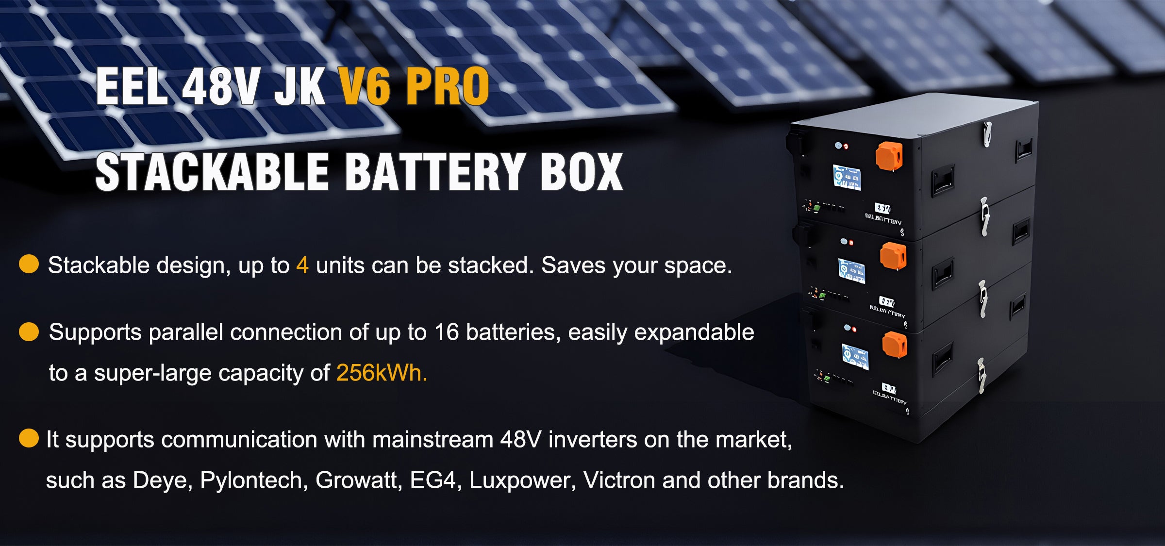 Le boîtier de batterie EEL 48V JK V6 Pro peut être empilé jusqu'à 4 fois. Il prend également en charge jusqu'à 16 unités en parallèle, ce qui permet d'atteindre une capacité de 256 kWh.
