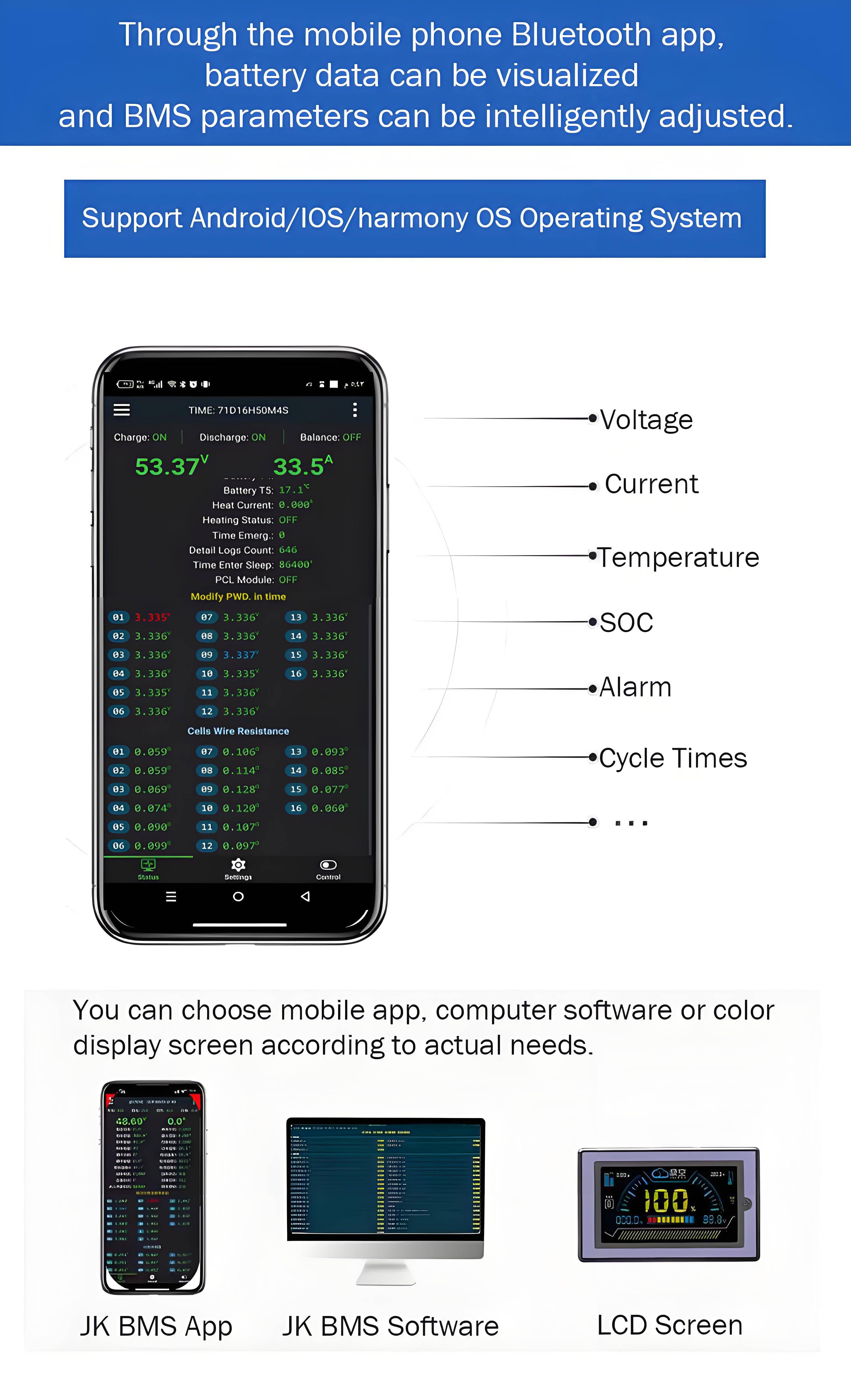 Through the JK BMS mobile Bluetooth app, battery data can be visualized and BMS parameters can be adjusted intelligently.