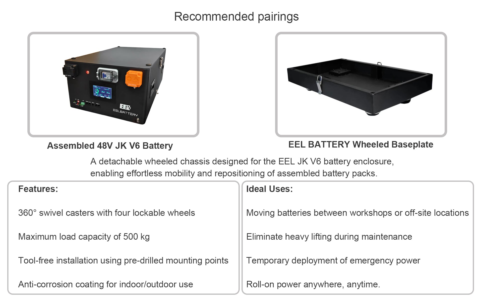 A detachable wheeled chassis designed for the EEL JK V6 battery enclosure, enabling effortless mobility and repositioning of assembled battery packs.