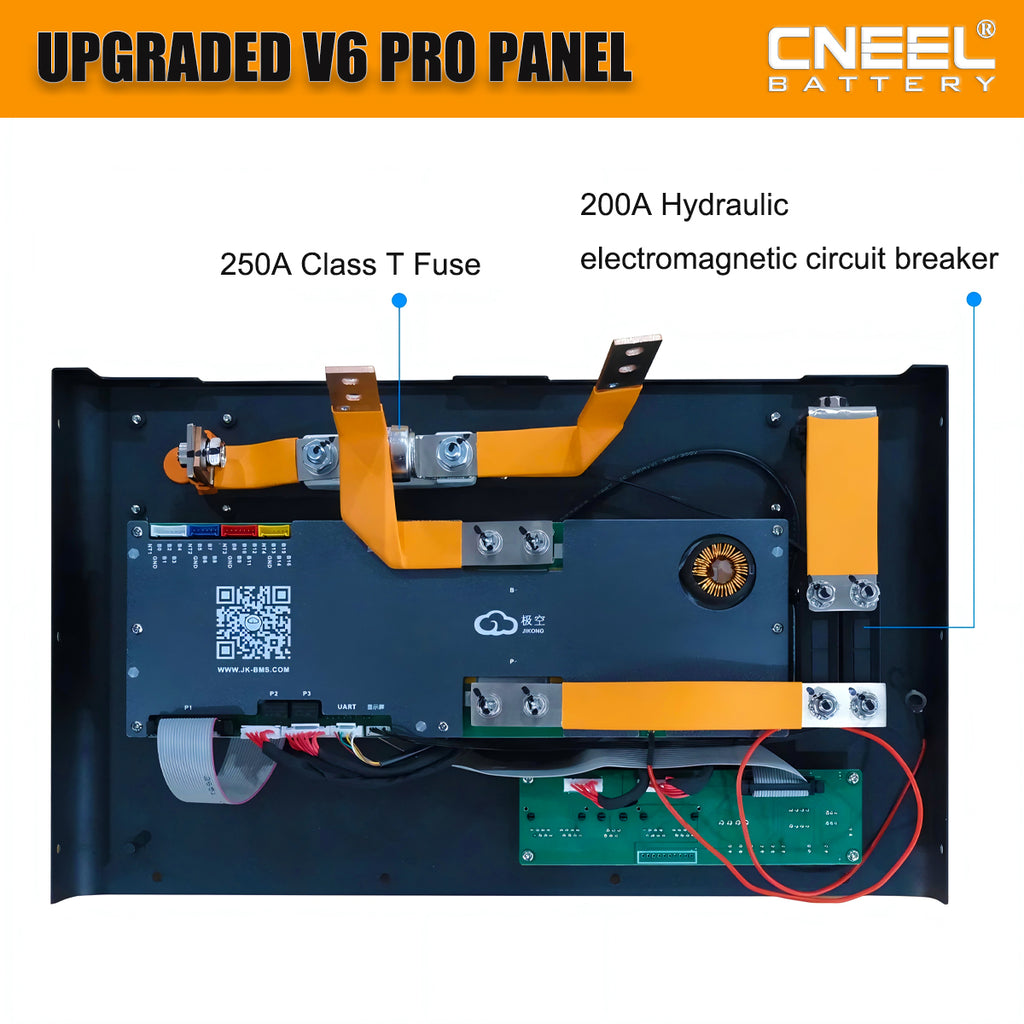 The front panel of the EEL JK V6 pro battery box integrates a 200A DC circuit breaker, a 250A T-class fuse, and a JK V19 BMS, offering high safety and easier assembly.