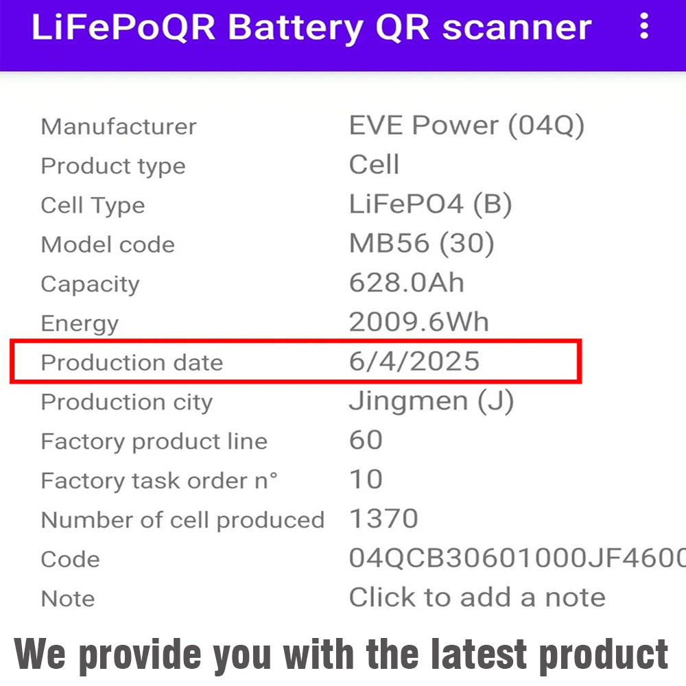 Our EVE MB56 batteries can be tracked by scanning the code and will show that they were manufactured recently.