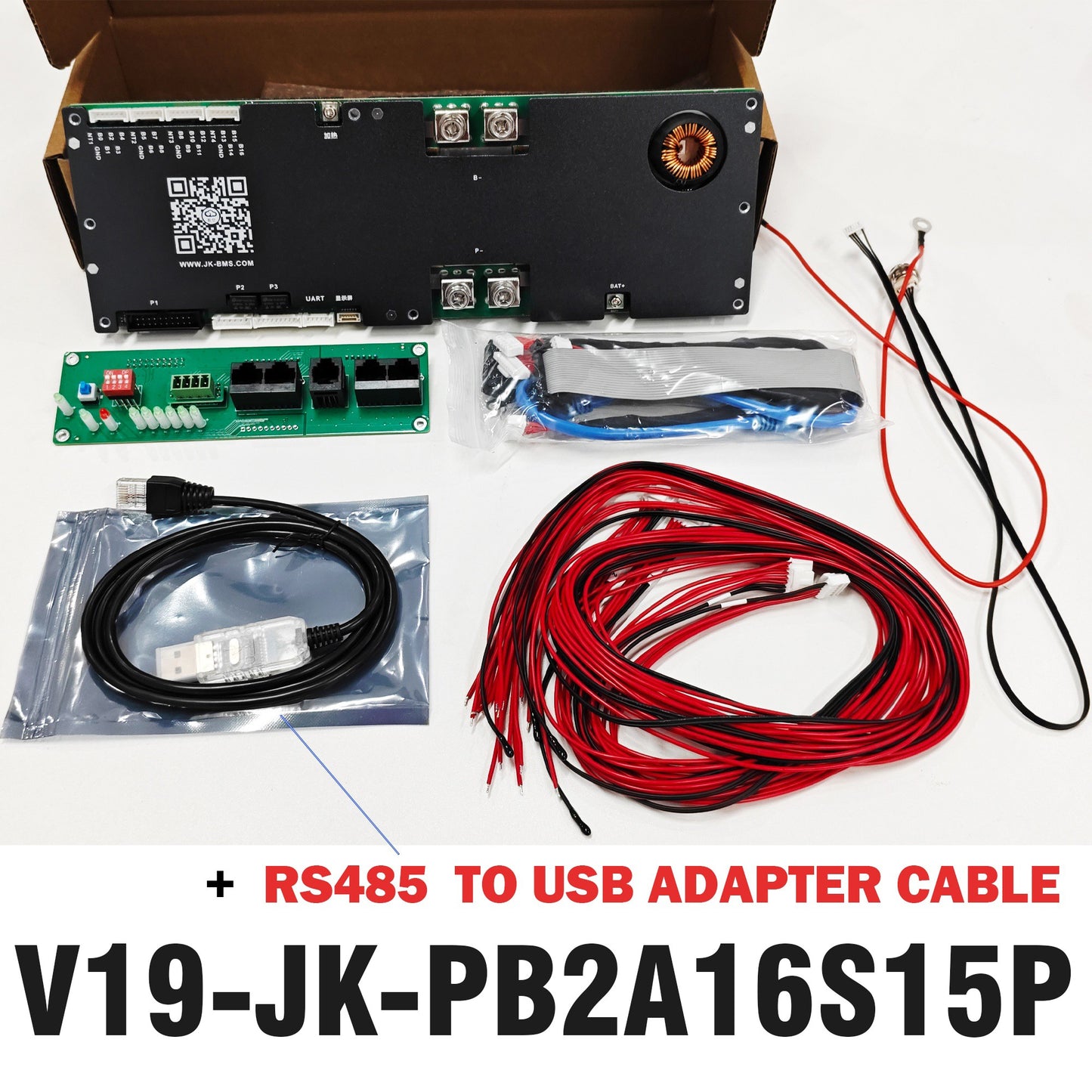 JK V19 150A BMS with signal acquisition line and adapter cable.