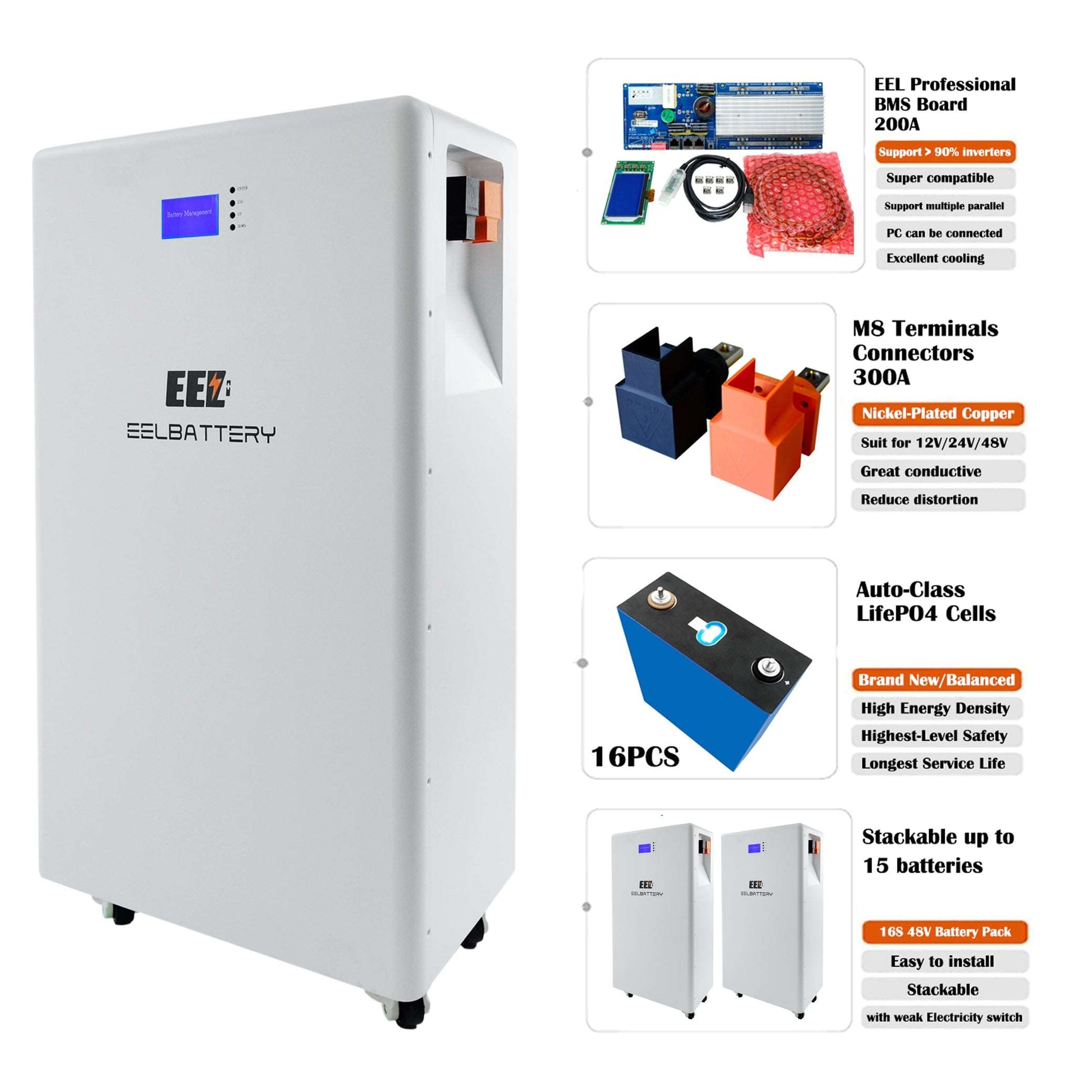 48V 16Kwh EEL Vertical LiFePO4 Battery Pack for Home Power Solar Energy Storage System