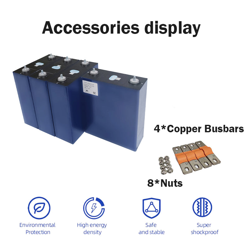 A display of accessories included in a set of 4 CALB 314ah lithium iron phosphate batteries