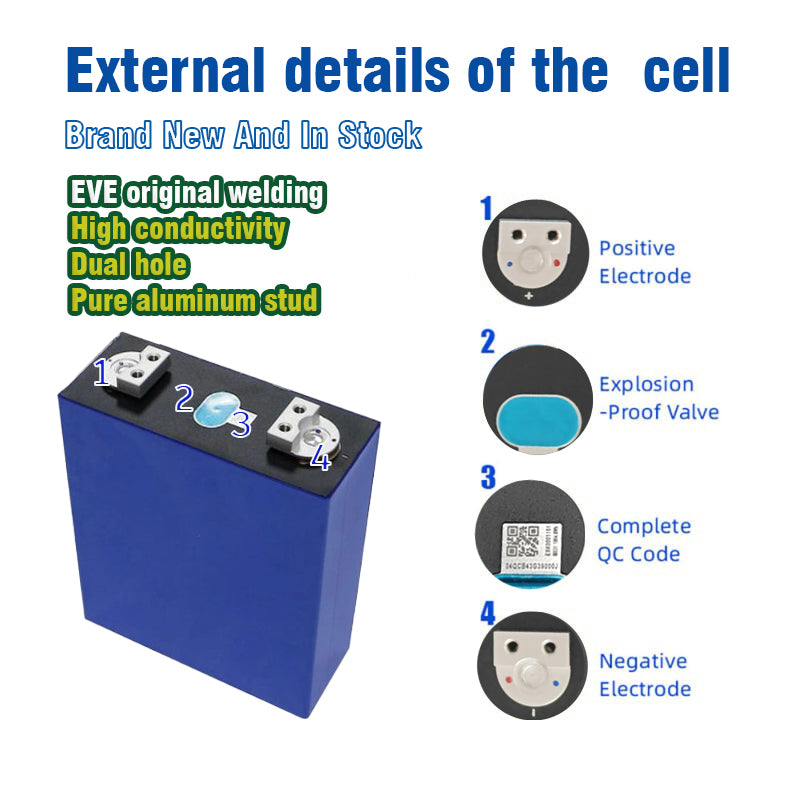 The EVE MB31 A-grade 314Ah battery cells sold by CNEEL battery are all welded with EVE original double-hole pure aluminum studs and come with a traceable QR code for your peace of mind.