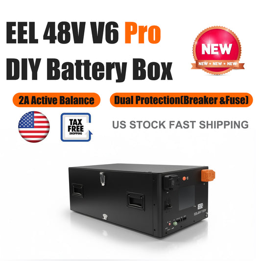 US Stock - EEL 48V JK V19 BMS V6 pro DIY Battery Box, equipped with a 200A hydraulic electromagnetic DC circuit breaker and a 250A T-class fuse, and includes a small fire extinguisher. All parts are pre-assembled, and users can assemble a 15kWh/17kWh home server rack battery in just one hour using it and 16 square lithium iron phosphate cells. It can provide a stable power supply when you encounter power outages or switch to off-grid living.