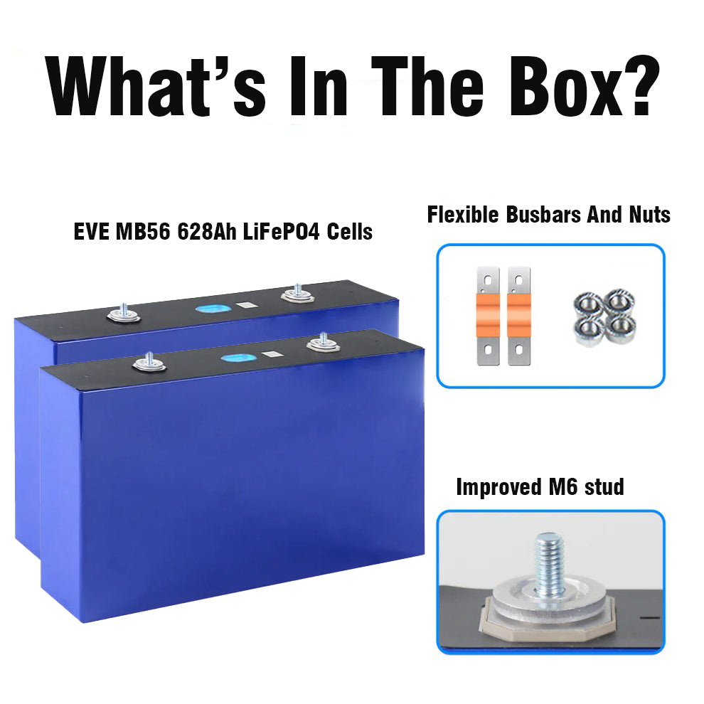 Our 2-pack of EVE MB56 batteries also comes with 2 matching flexible copper busbars and 4 stainless steel nuts.